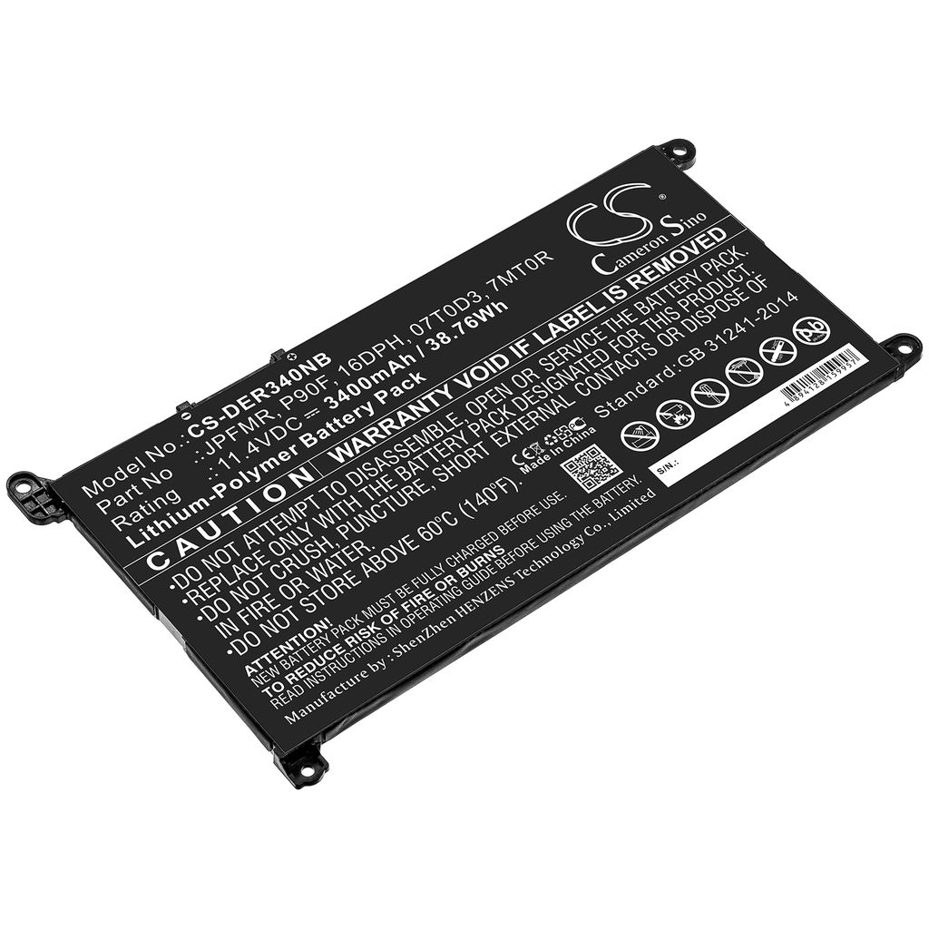 Batteri til Dell P90F,07T0D3,16DPH,JPFMR,7MT0R,YRDD6,0WDX0R,1VX1H,3CRH3,9W9MX,B06XVBG8BY,B076BGBGFP,B07DFK12MV,CYMGM, 3400 mAh